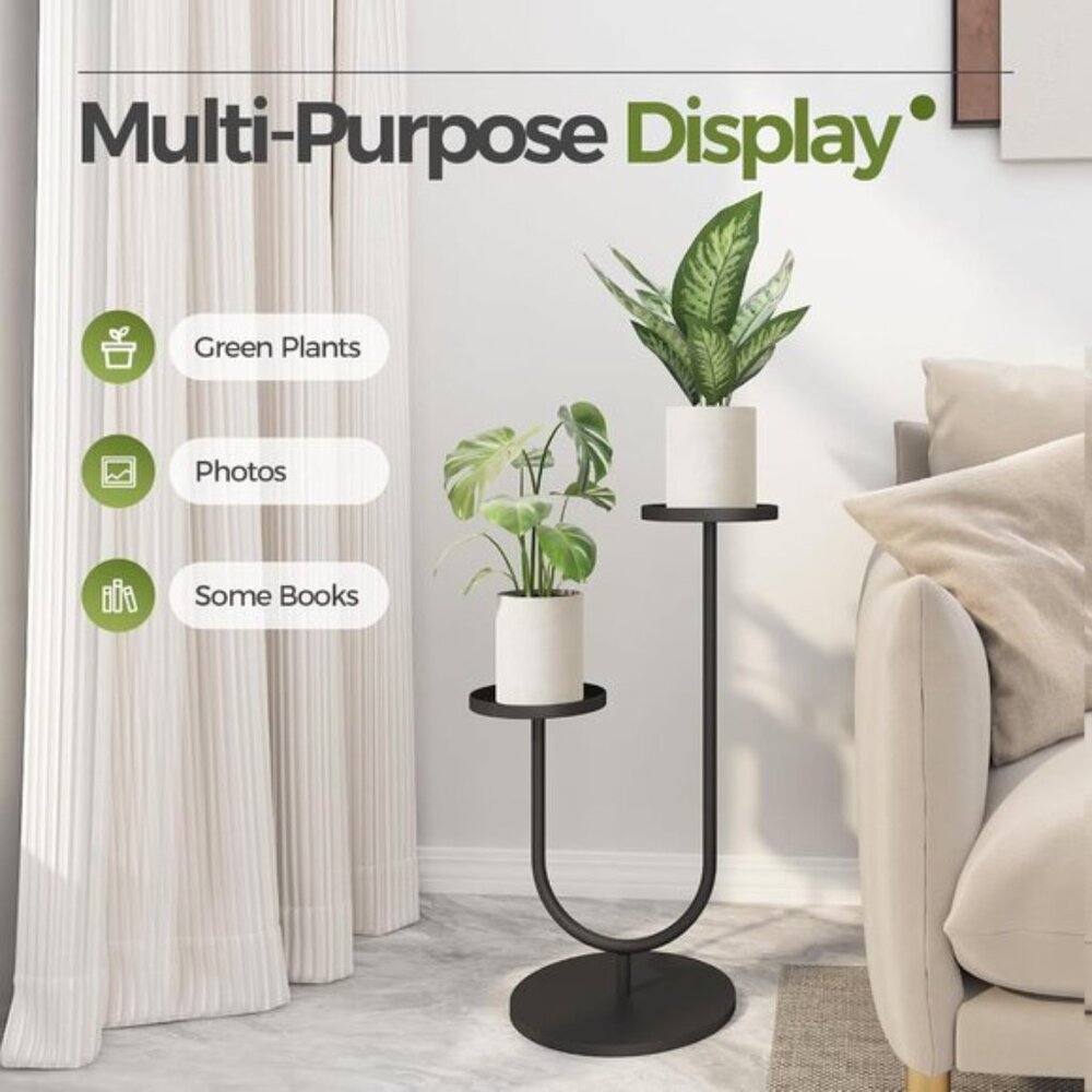 New Tall Indoor Plant Stand, Modern Black Metal 2 Pot Holder for Home Decor - Picture 2 of 5